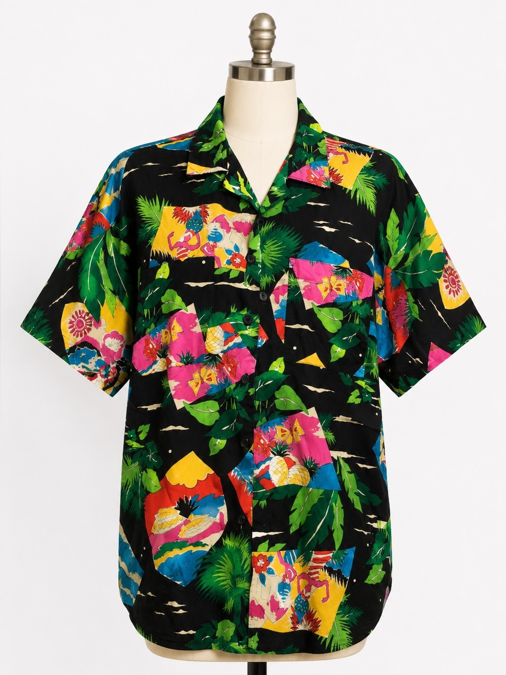 Vintage 80s Hawaiian Shirt Tropical Aloha Resort Button Up Colourful Novelty M